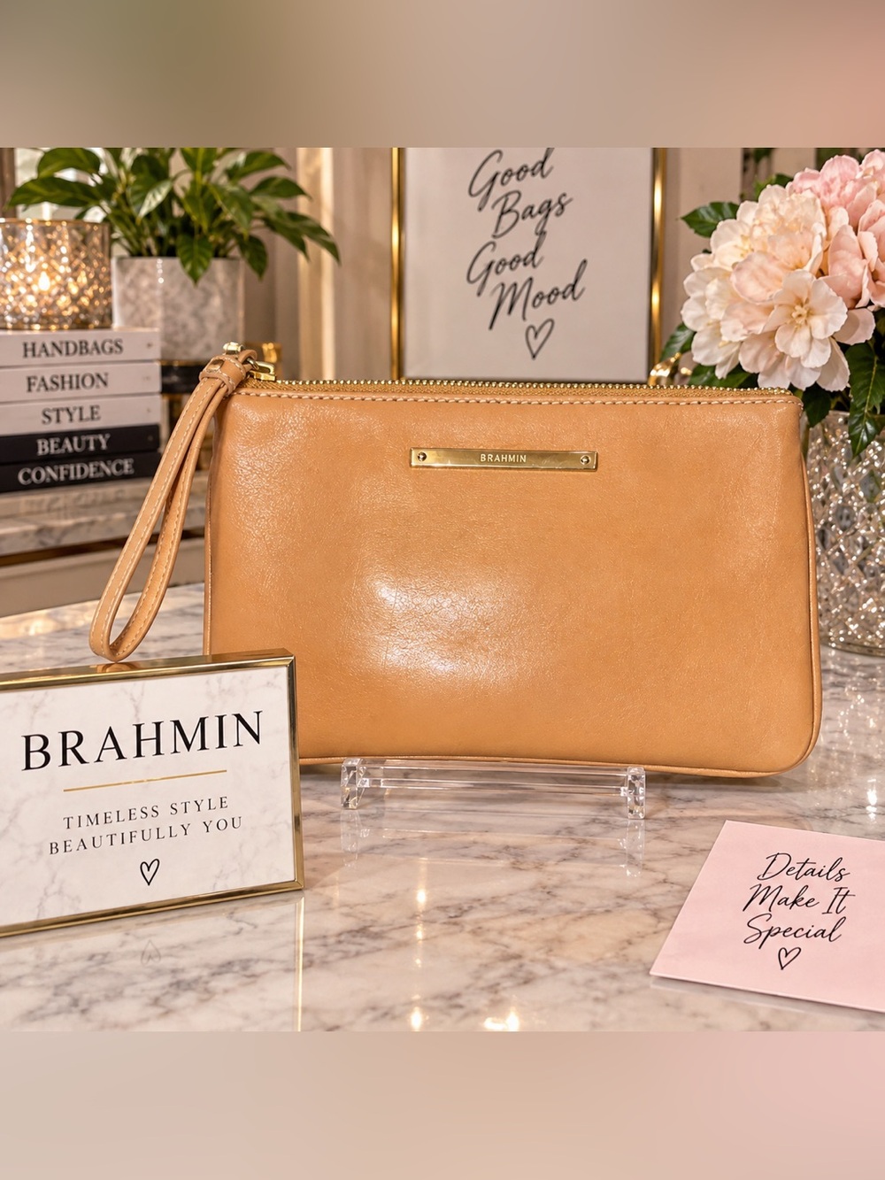 Brahmin Camel/Tan Leather Wristlet Clutch with Gold Hardware